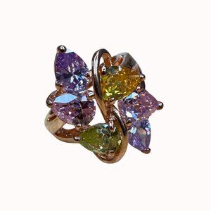 Ring Multicolor Cluster Cocktail Rose Gold, Statement, Marked, Size 6 Floral